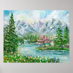 Póster Paisaje montañoso de primavera. Mano acrílica orig