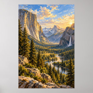 Póster Paisaje montañoso de Yosemite Valley en Hora Dorad