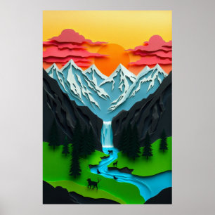 Póster Paisaje montañoso en 3D con papel recortado