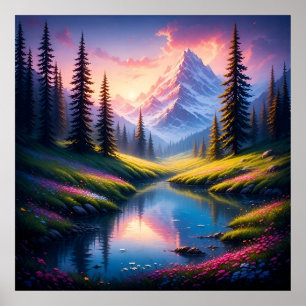 Póster Paisaje montañoso escénico con reflejos del lago