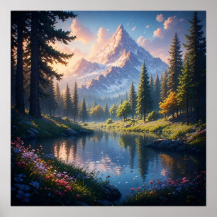 Póster Paisaje montañoso escénico con reflejos del lago
