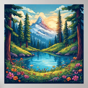 Póster Paisaje montañoso escénico con reflejos del lago