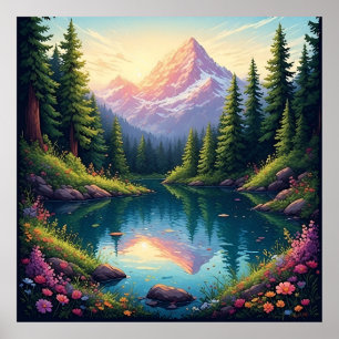 Póster Paisaje montañoso escénico con reflejos del lago