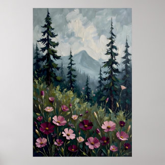 Póster Paisaje montañoso impresionista con flores silvest