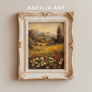 Póster Paisaje montañoso pintado por el prado de flores s