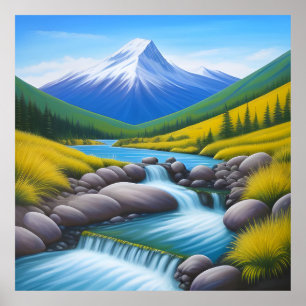 Póster Paisaje montañoso sereno con arroyo en cascada