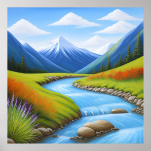 Póster Paisaje montañoso sereno con arroyo en cascada