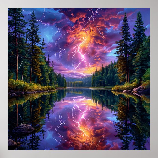 Póster Paisaje montañoso sereno con lago (Frente)