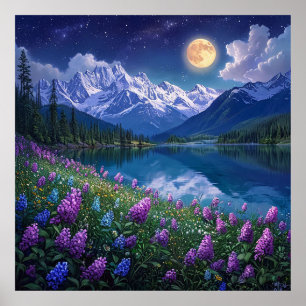 Póster Paisaje montañoso sereno con lago