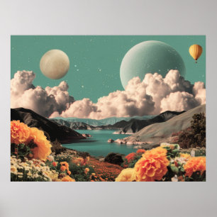 Póster Paisaje Montañoso Surrealista con Planetas y Nubes