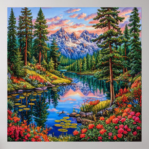 Póster Paisaje montañoso vibrante con reflejo