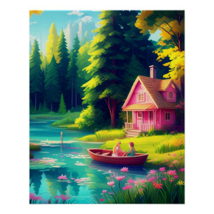 Póster Paisaje natural con cabaña rosa-68884