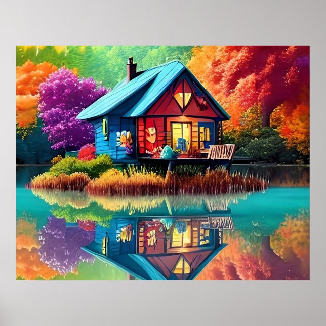 Póster Paisaje natural con lago, cabaña, otoño (Frente)