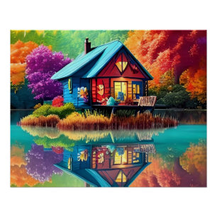 Póster Paisaje natural con lago, cabaña, otoño