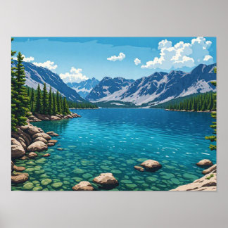 Póster Paisaje natural de bosque de montaña de lago alpin