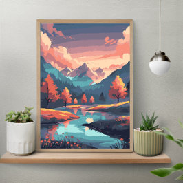 Póster Paisaje natural de otoño río montaña y árboles