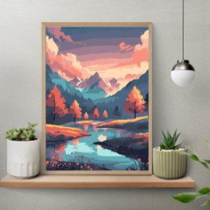 Póster Paisaje natural de otoño río montaña y árboles