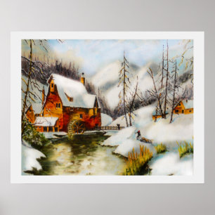 Póster Paisaje nevado con rueda de agua