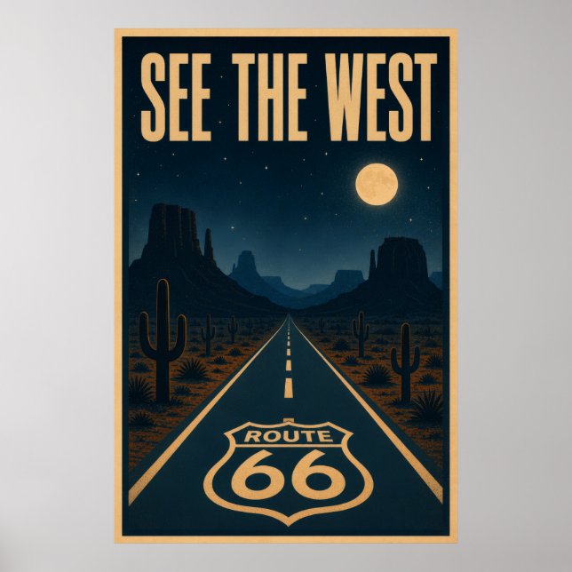 Póster Paisaje nocturno de la ruta 66 del desierto vintag (Frente)
