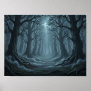 Póster Paisaje Nocturno del Bosque Encantado Nebuloso Eté