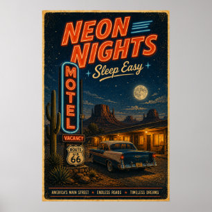Póster Paisaje nocturno del motel neon Vintage Retro Ruta