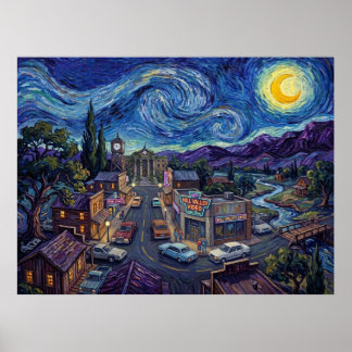 Póster Paisaje nocturno estrellado de ciencia ficción de