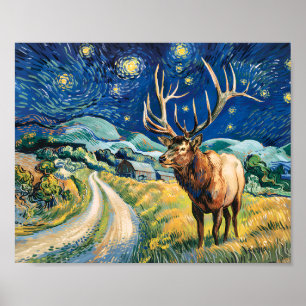Póster Paisaje Nocturno Estrellado de Van Gogh con Alces 