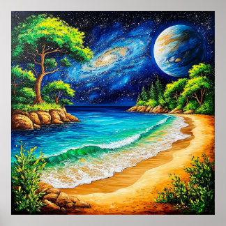 Póster Paisaje nocturno impresionante de playa y galaxia