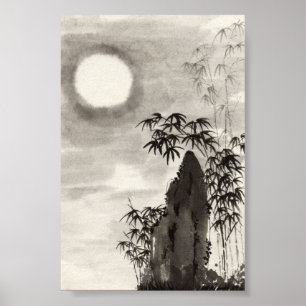 Póster paisaje nocturno japonés luna sumi-e