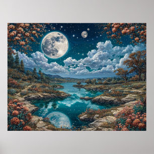 Póster Paisaje nocturno sereno con luna llena