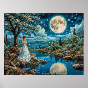 Póster Paisaje nocturno sereno con luna llena