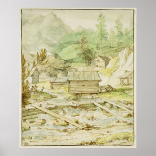 Póster Paisaje nórdico con la choza y el vertedero de