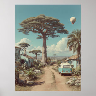 Póster Paisaje onírico de baobab con furgoneta camper vin