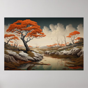 Póster Paisaje onírico de otoño dorado con fantasía de na