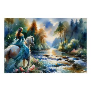 Póster Paisaje onírico de una amazona en un río del bosqu