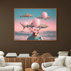 Póster Paisaje onírico surrealista con tiburones y globos