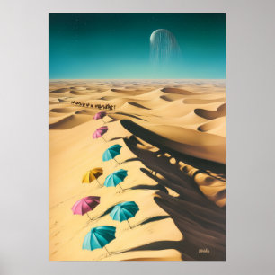 Póster Paisaje onírico surrealista de paraguas coloridos 