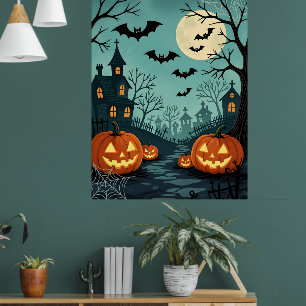 Póster Paisaje oscuro de Halloween con la web de Bats & S