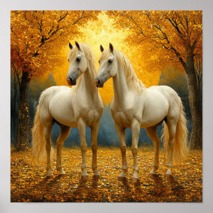 Póster 🌳 Paisaje Otoñal Bosque Romántico Caballos Blanco
