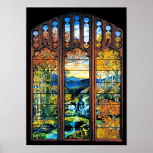 Póster Paisaje otoñal de la ventana de vidrio manchado de