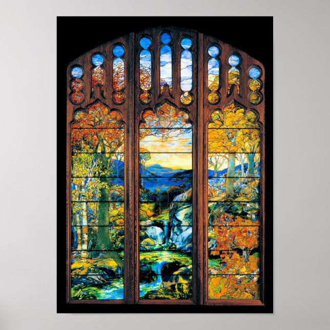 Póster Paisaje otoñal de la ventana de vidrio manchado de (Frente)