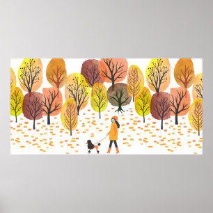 Póster Paisaje otoñal. Ilustracion Vintage de acuarela