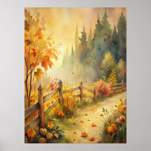 Póster Paisaje otoñal rústico acuarela (Frente)