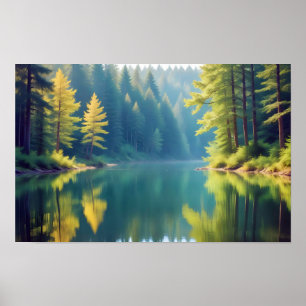Póster Paisaje Panorámico Bosque Lago Natural Tranquilo