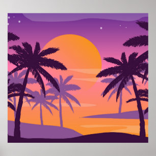Póster Paisaje panorámico: puesta de sol con palmeras.