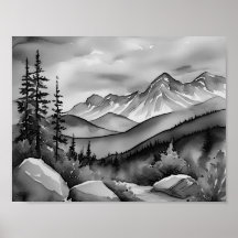 Paisaje pintado en blanco y negro de las montañas