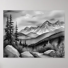 Póster Paisaje pintado en blanco y negro de las montañas