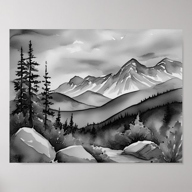 Póster Paisaje pintado en blanco y negro de las montañas (Frente)