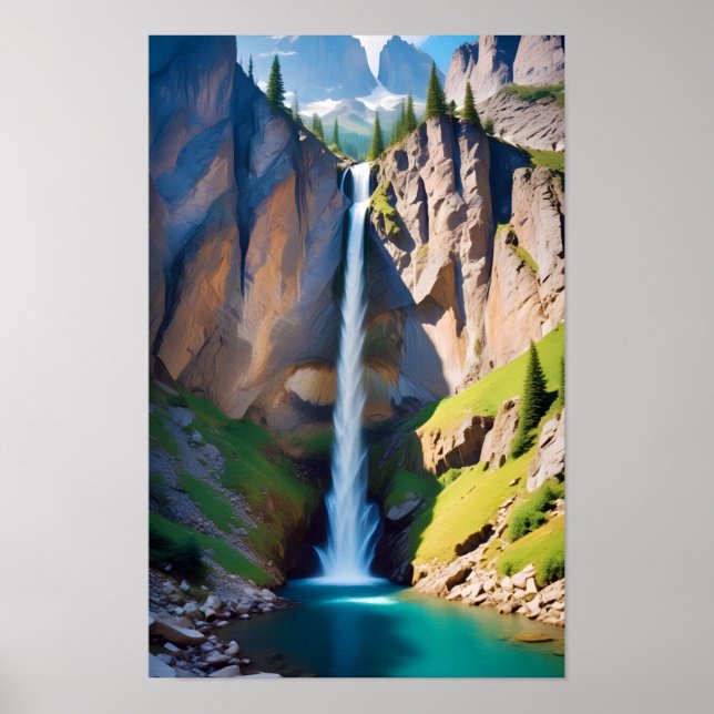 Póster Paisaje pintoresco Montañas Cascada (Frente)