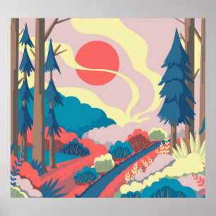 Póster Paisaje primaveral: Colorido paisaje vintage